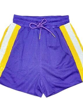 Women’s Purple Mesh Athletic Shorts with Yellow & White sequin Side Stripes